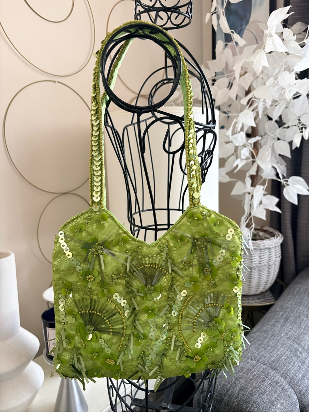 Avocado Green Textured Sequin Nylon Purse